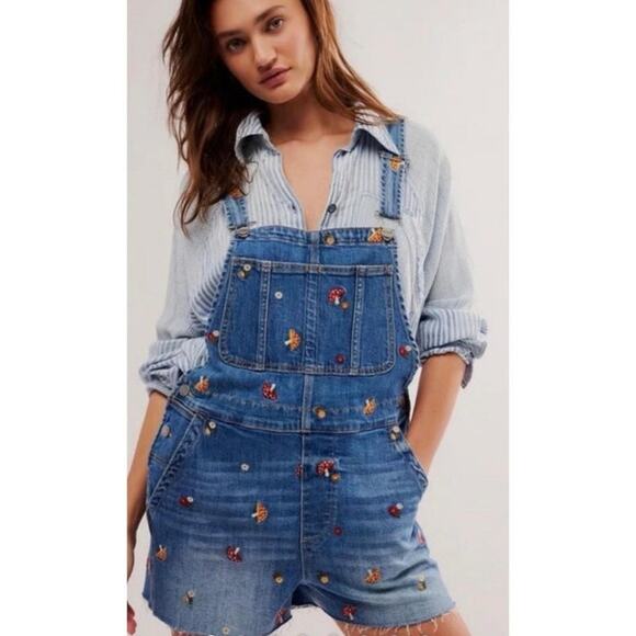 DRIFTWOOD Denim - Driftwood Embroidered Denim Shortalls Womens Medium Blue Mushroom Print